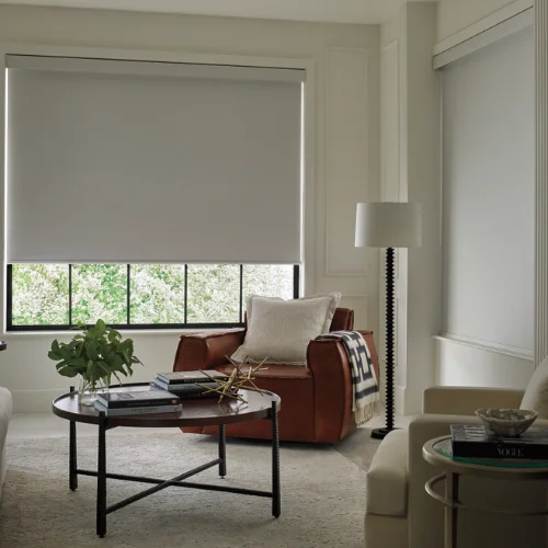 Modern living room with a brown leather armchair, round coffee table, white cushions, and a large window with a roller shade.