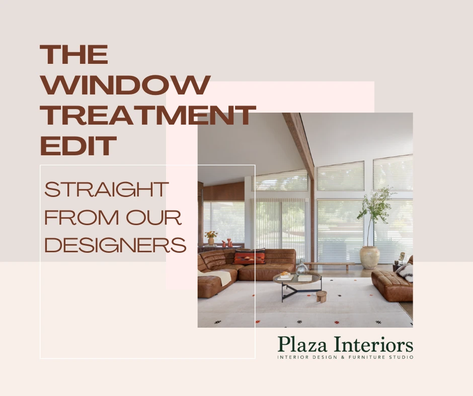 Promotional collage of a sunlit living room with large windows and Plaza Interiors branding.