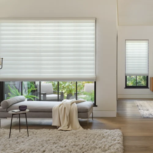 Bright living room with large white blinds, a cream sofa, and a soft shag rug.