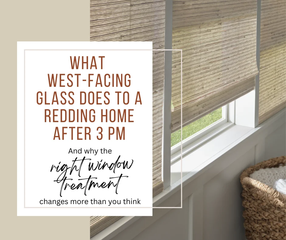 Blog cover image about how west-facing glass affects a home after 3 PM, with window blinds in the background and the article title prominent.