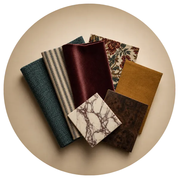 Assorted fabric swatches in teal, striped, burgundy velvet, floral, mustard, and marble textures arranged in a cluster.
