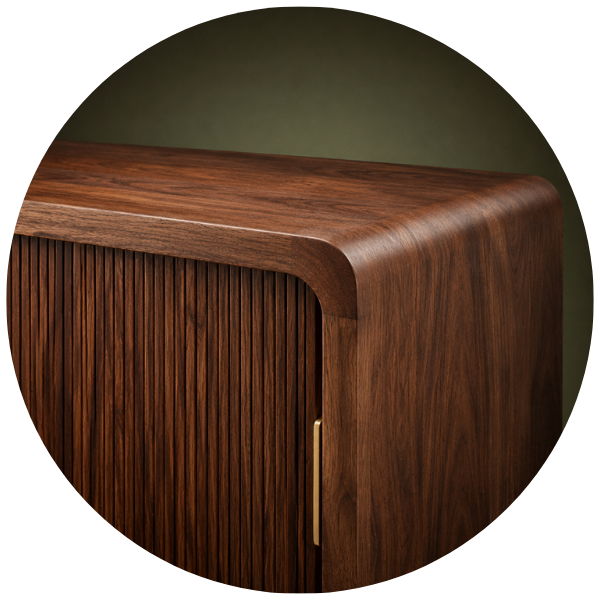 Vintage wooden hi-fi speaker cabinet with vertical front slats and rounded edges.