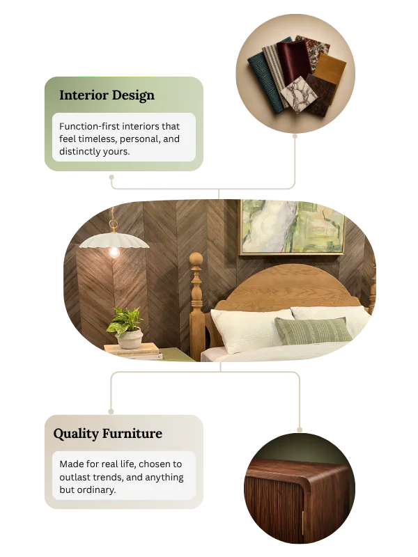 Collage of interior design elements: color swatches, a bedroom with a wooden headboard, and a cabinet/side table scene.