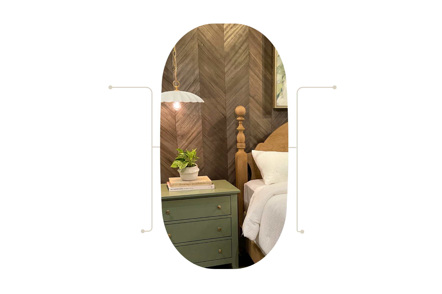 Green bedside dresser with a plant, books, and a hanging white lampshade beside a carved wooden bed in a cozy bedroom setting.